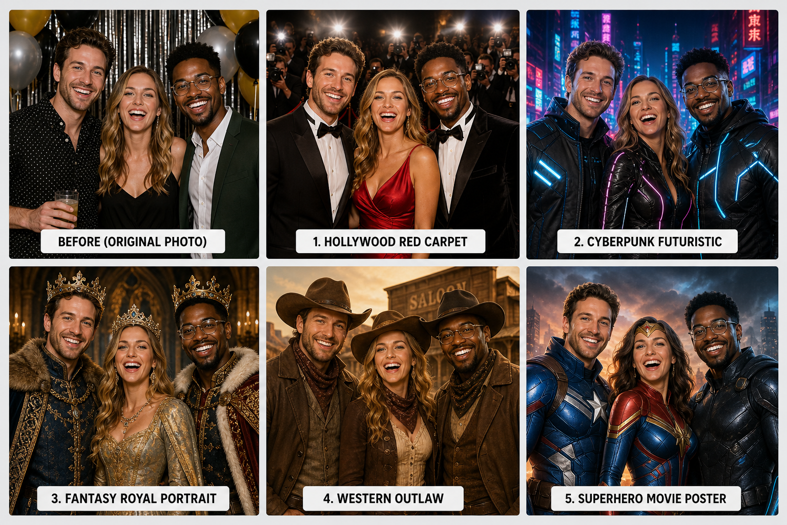 AI photo booth example showing guests transformed into different AI styles