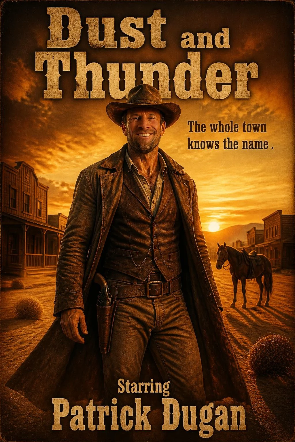AI classic western movie poster with the guest as a lone cowboy