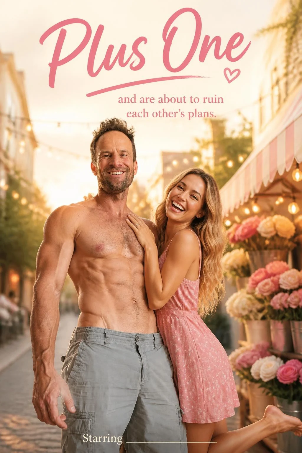 AI romantic comedy movie poster with guests as the stars